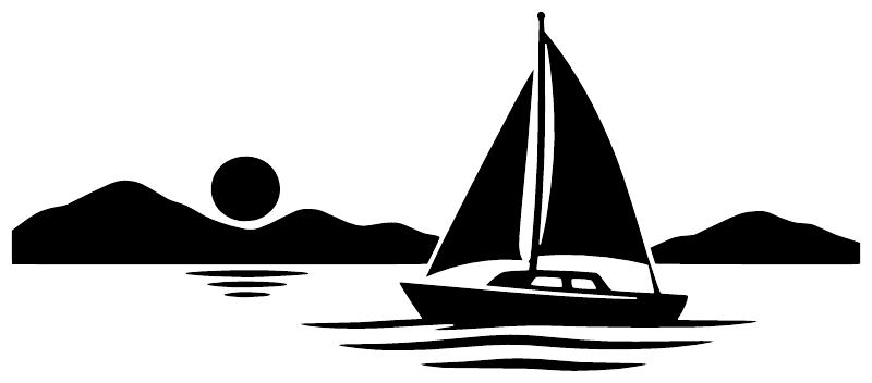 Black sailboat vinyl decal silhouette with swimmer, waves, and shoreline on white