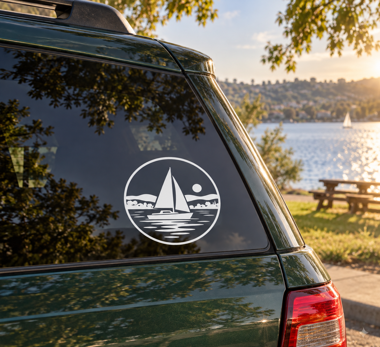 Round sailboat lake vinyl decal crest, white and gray on dark surface
