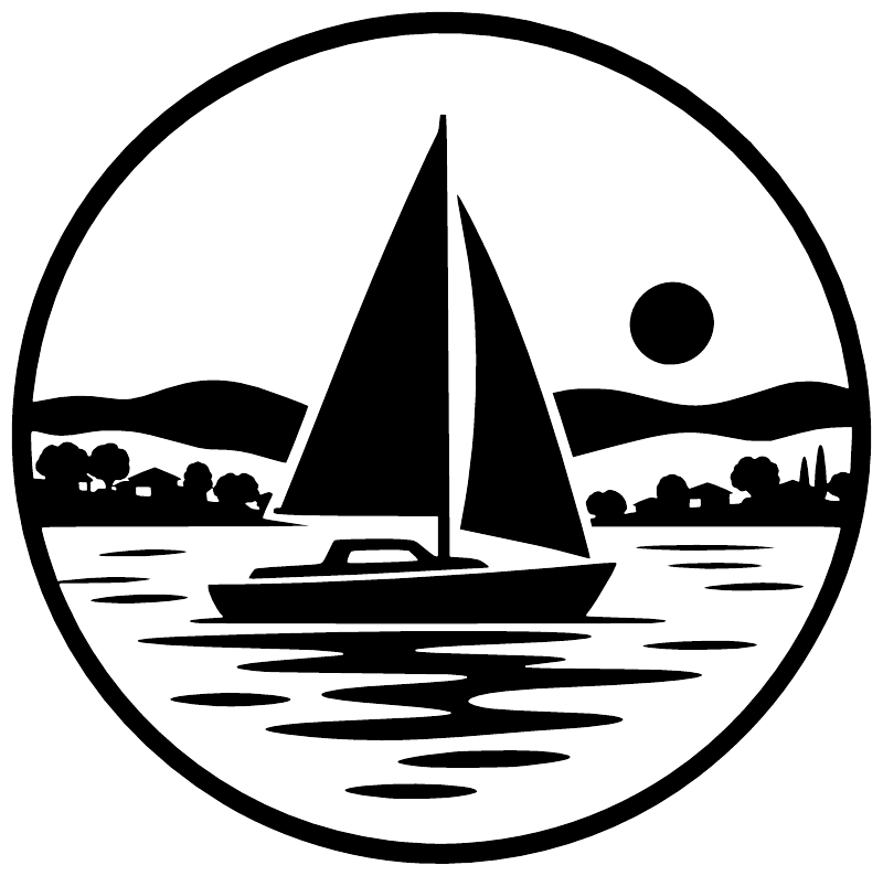 Circular sailboat lake crest vinyl decal, black and white with waves and shoreline