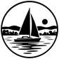 Circular sailboat lake crest vinyl decal, black and white with waves and shoreline