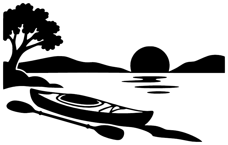 Lake Mission Viejo lake kayak vinyl decal close-up, black silhouette with tree, water, kayak.