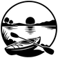 Black-and-white circular kayak, fish, paddle, and water scene vinyl decal