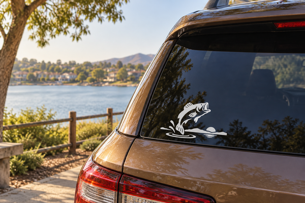Vinyl fish decal on car rear panel, black jumping bass icon with ripples.