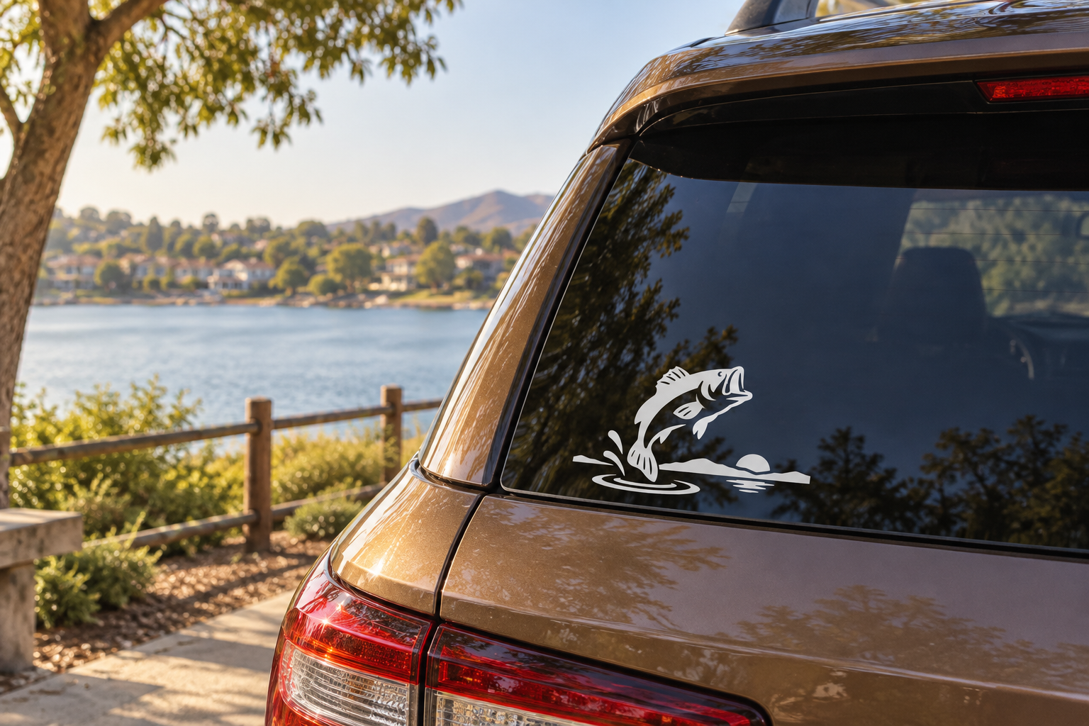 Vinyl fish decal on car rear panel, black jumping bass icon with ripples.