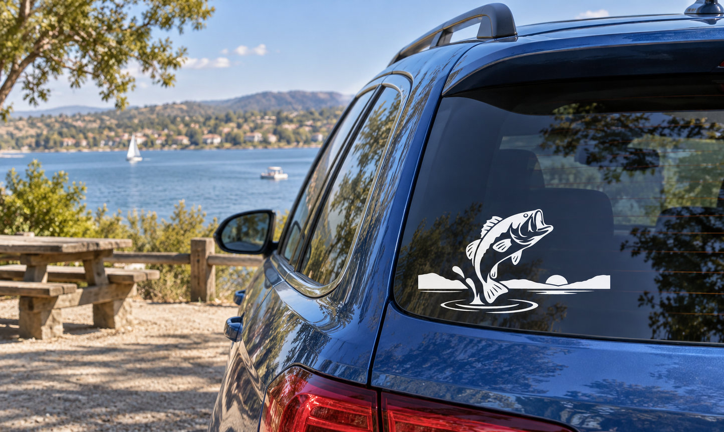 Vinyl lake fish decal on blue car rear window, black and white artwork