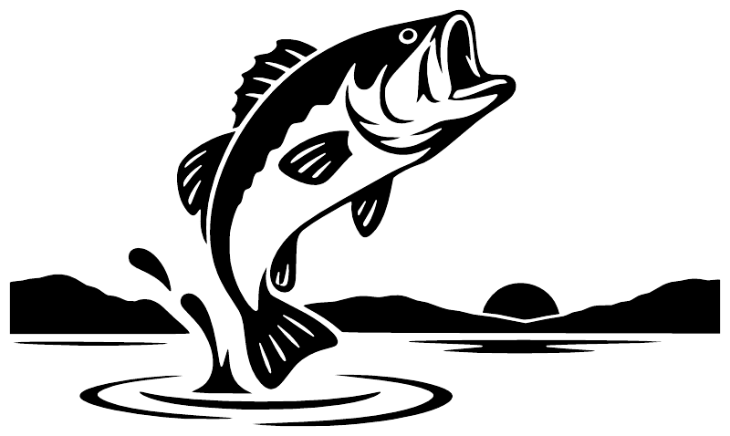 Black and white vinyl fish decal with waves, isolated design on white background