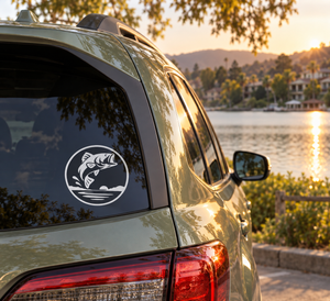 Circular vinyl decal with black fish silhouette on white background for car window
