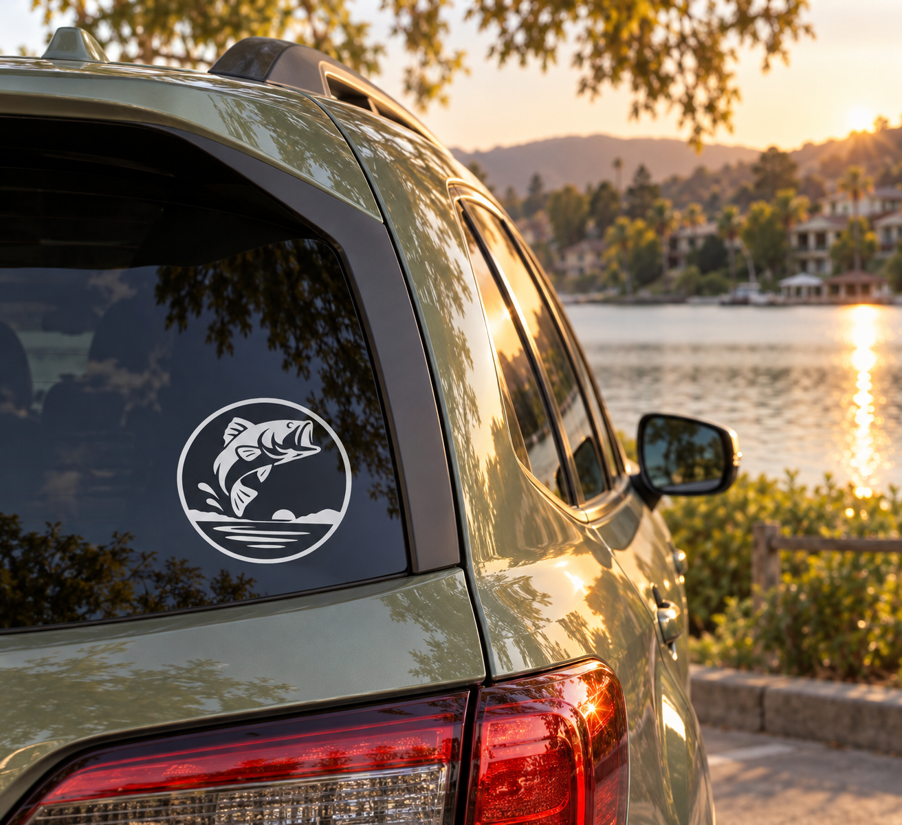 Circular vinyl decal with black fish silhouette on white background for car window