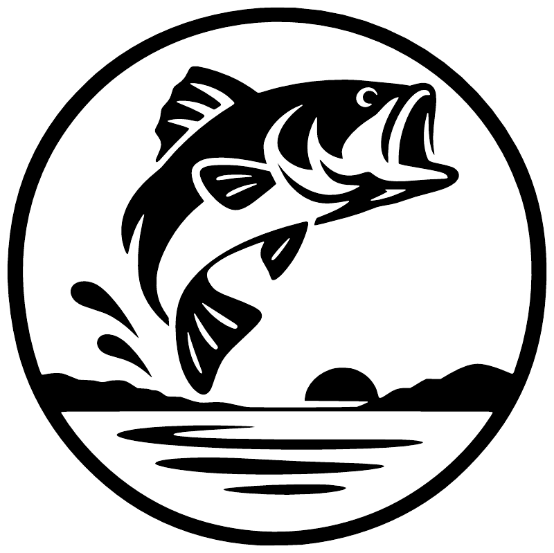 Round vinyl decal logo: black fish silhouette with waves and border circle