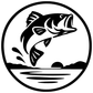 Round vinyl decal logo: black fish silhouette with waves and border circle