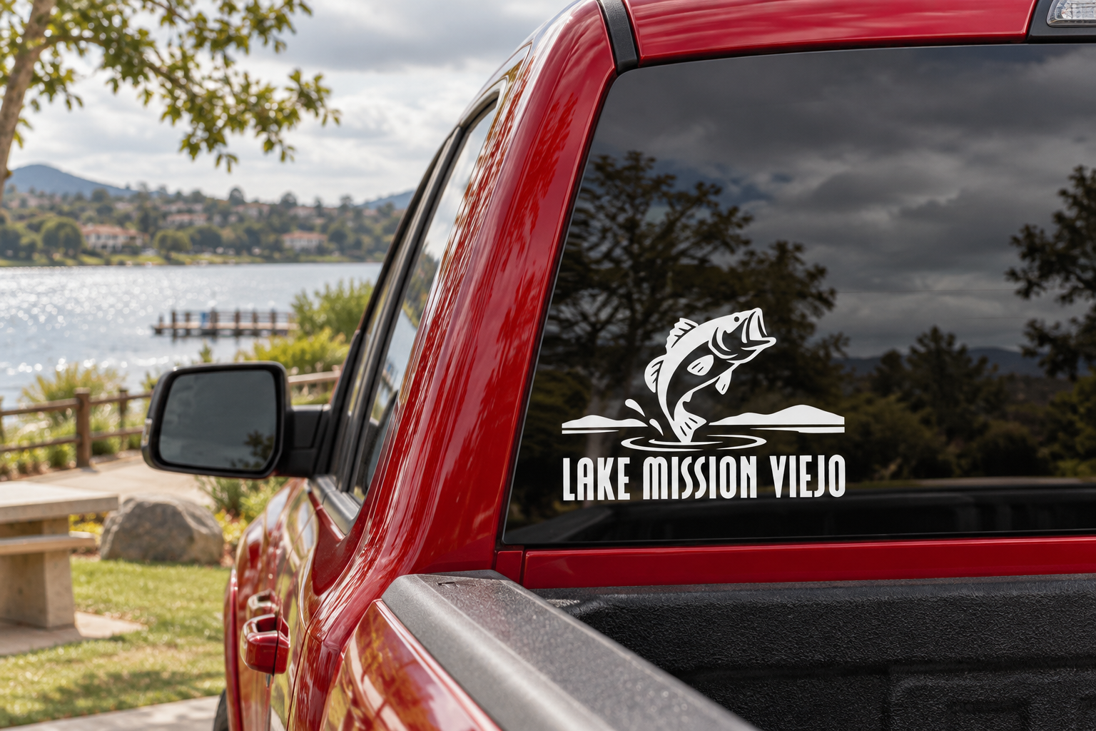 Car-mounted vinyl decal with bass graphic and Lake Mission Viejo wordmark in white