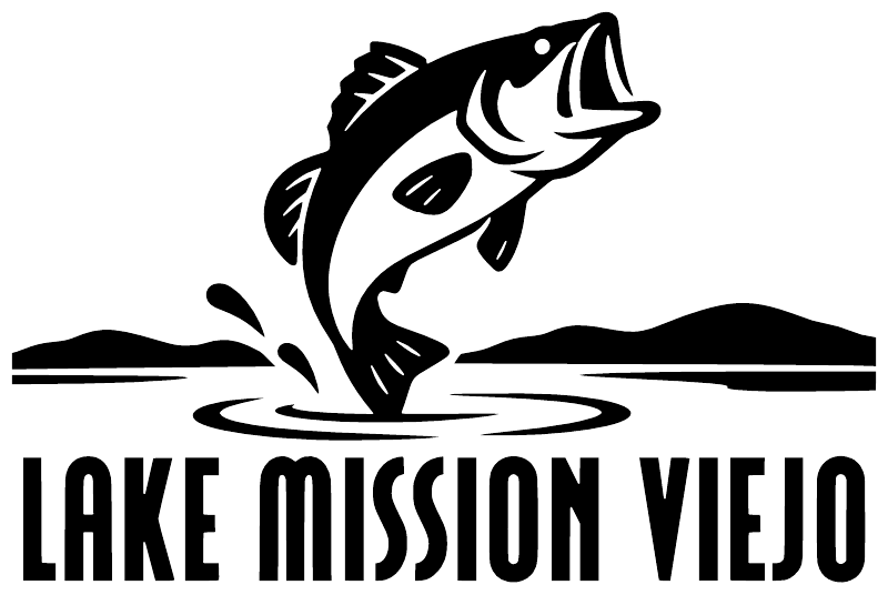 Bass and Lake Mission Viejo wordmark vinyl decal with black fish illustration and white text