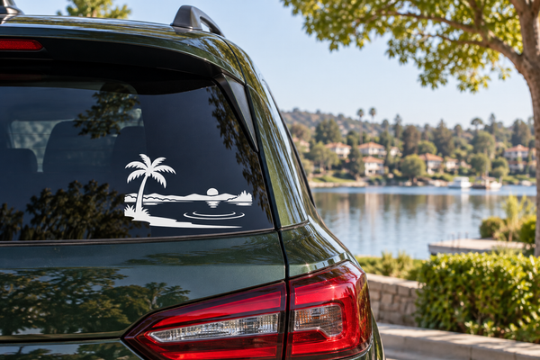 Vinyl car decal with palm tree over lake horizon and water reflection silhouette