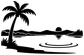 Vinyl decal graphic: palm tree, sun, sandy shore, and rippled lake water silhouette