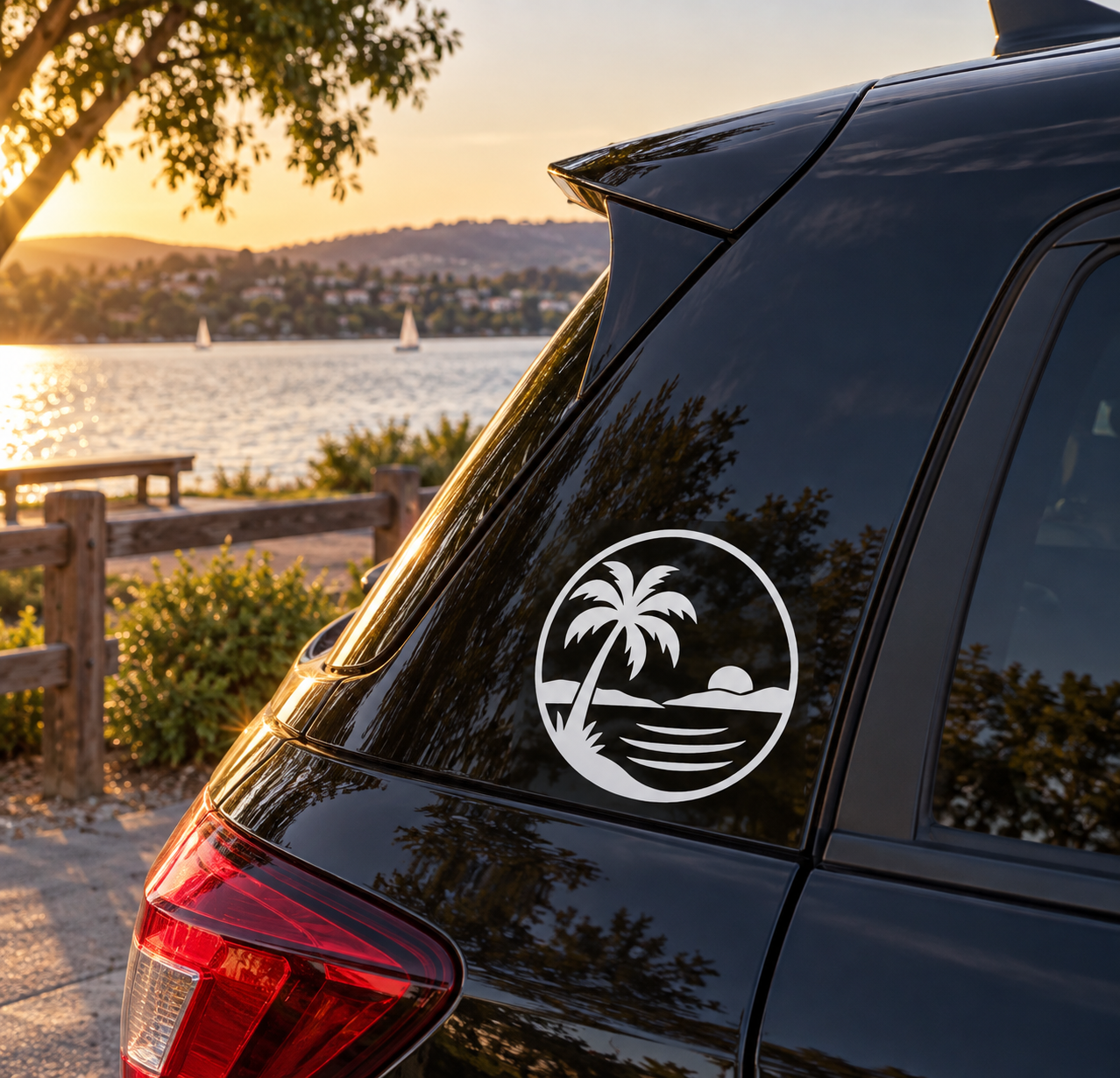 Vinyl decal for car: circular palm tree over lake waves