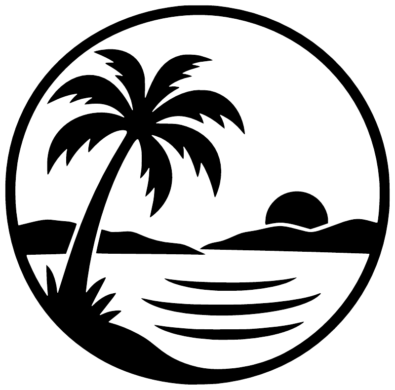 Vinyl decal logo: circular palm tree with lake waves in black and white