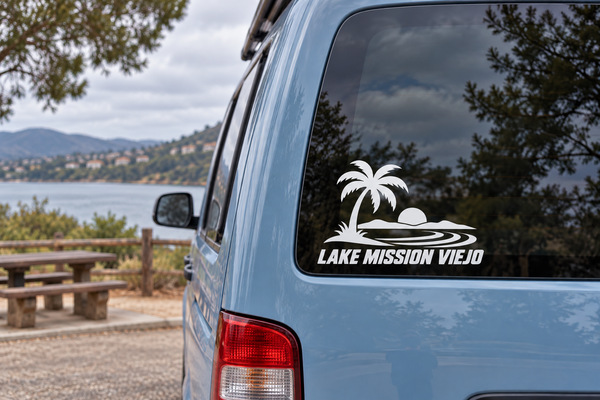 Vinyl decal with palm trees and "LAKE MISSION VIEJO" wordmark for car windows