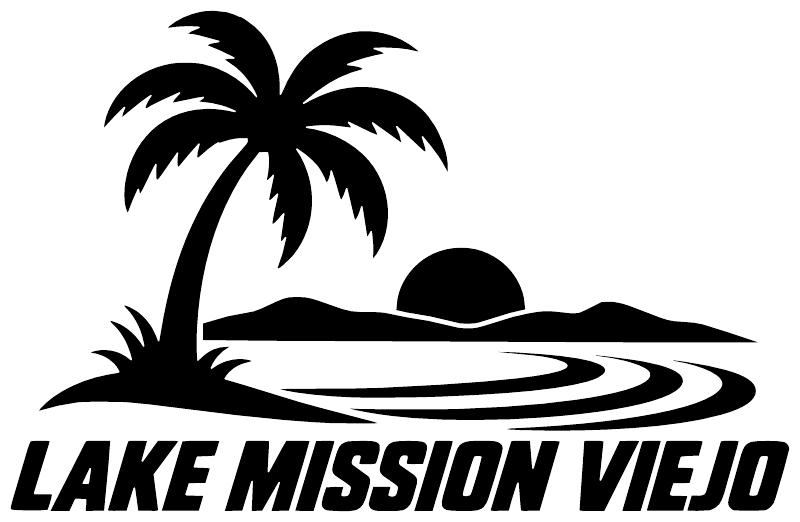 Palm tree lakeside vinyl decal with bold "LAKE MISSION VIEJO" text, isolated