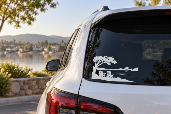 LakeMissionViejo lake view vinyl decal on car rear window with chairs and shoreline