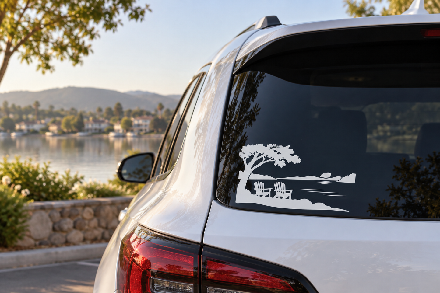 LakeMissionViejo lake view vinyl decal on car rear window with chairs and shoreline