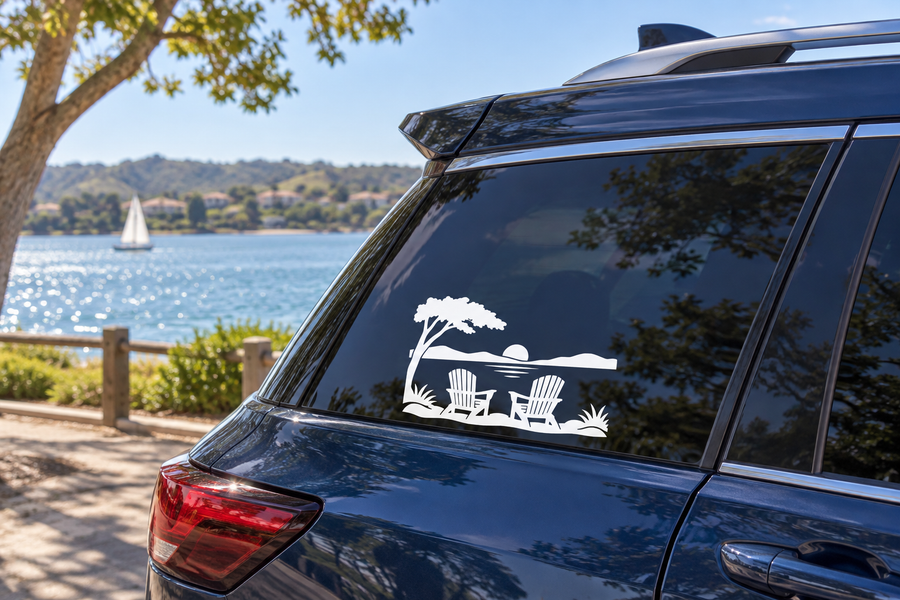 Lake view car vinyl decal with chairs, waterline and sun