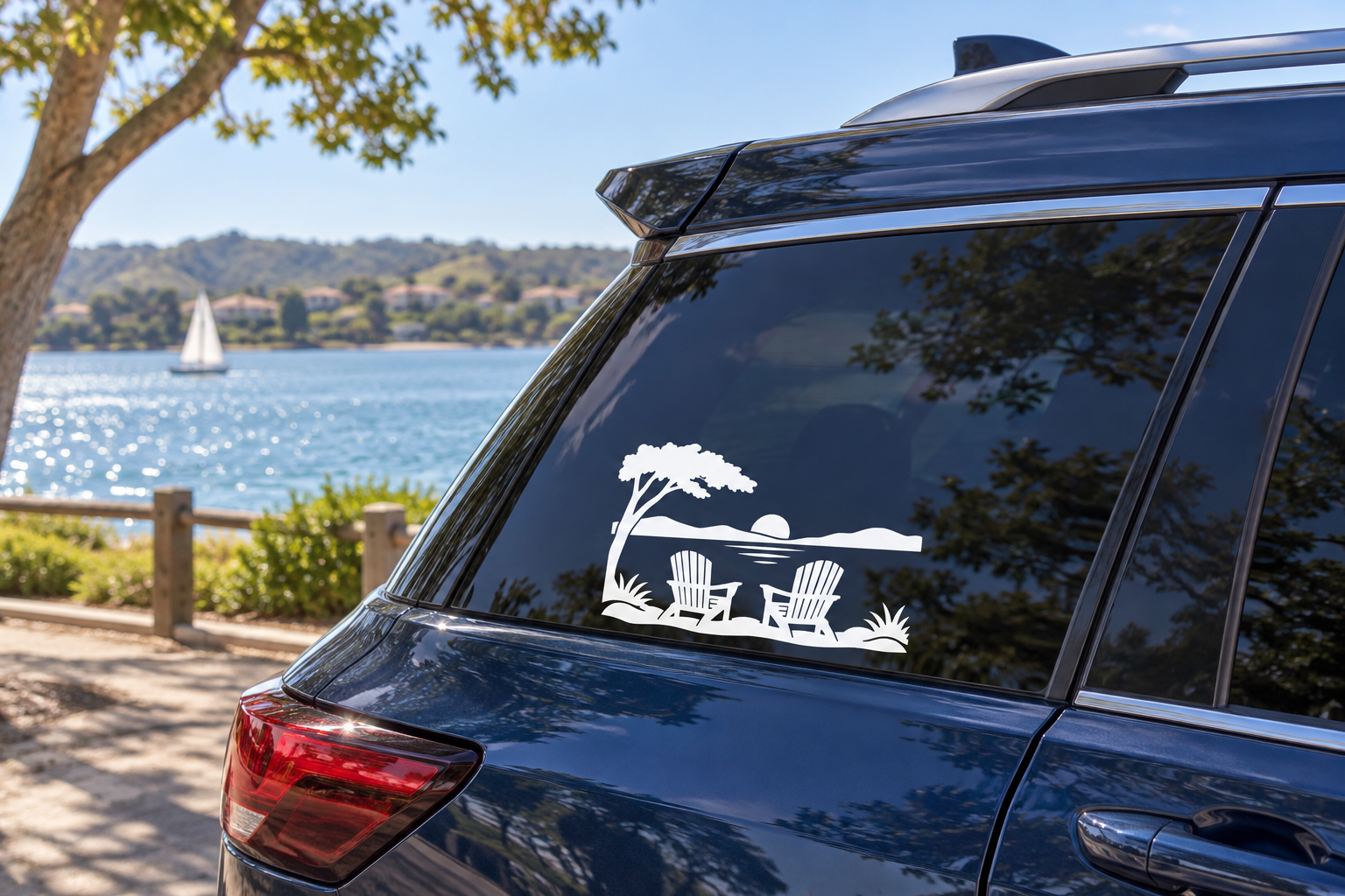 Lake view car vinyl decal with chairs, waterline and sun