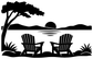 Lake view vinyl decal silhouette with chairs, tree, sun and shoreline