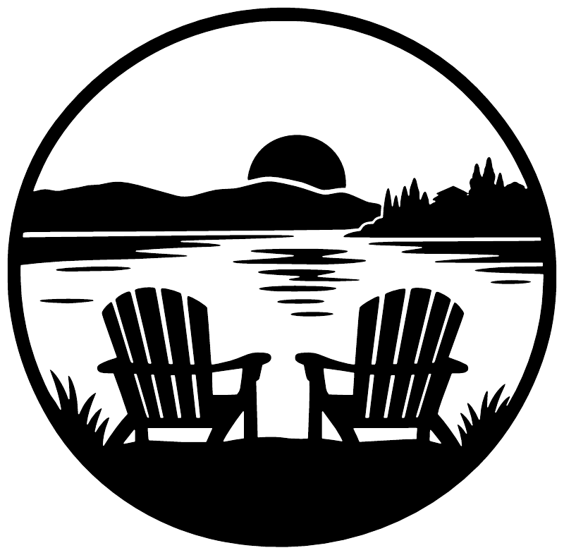 Crest vinyl decal with black-and-white lake waves, two chairs, and mountain skyline