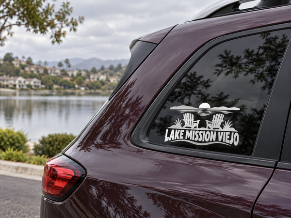 Vinyl window decal with Lake Mission Viejo wordmark and waterfront chair graphic