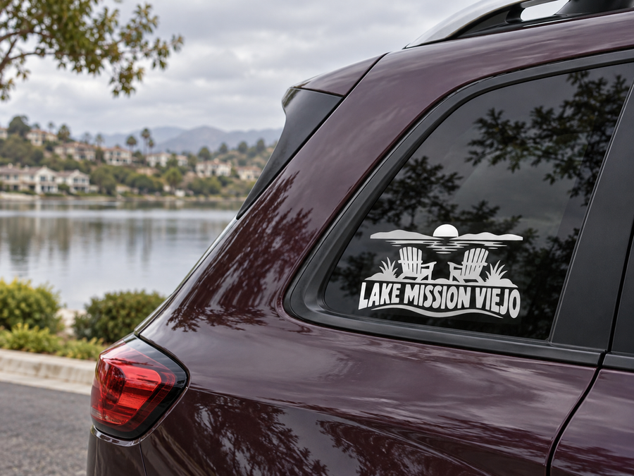 Vinyl window decal with Lake Mission Viejo wordmark and waterfront chair graphic