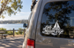 Lake Mission Viejo vinyl decal with sailboat and cursive lettering on car window