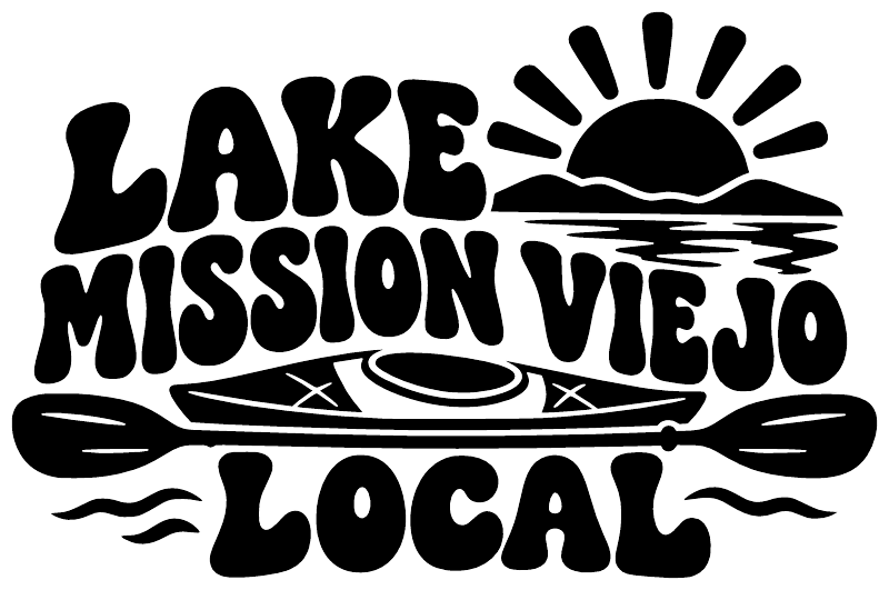 Black vinyl decal reading 'LAKE MISSION VIEJO LOCAL' with sun and wave icons.