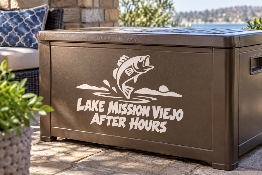 Vinyl decal for Lake Mission Viejo After Hours with fish and logo on brown surface