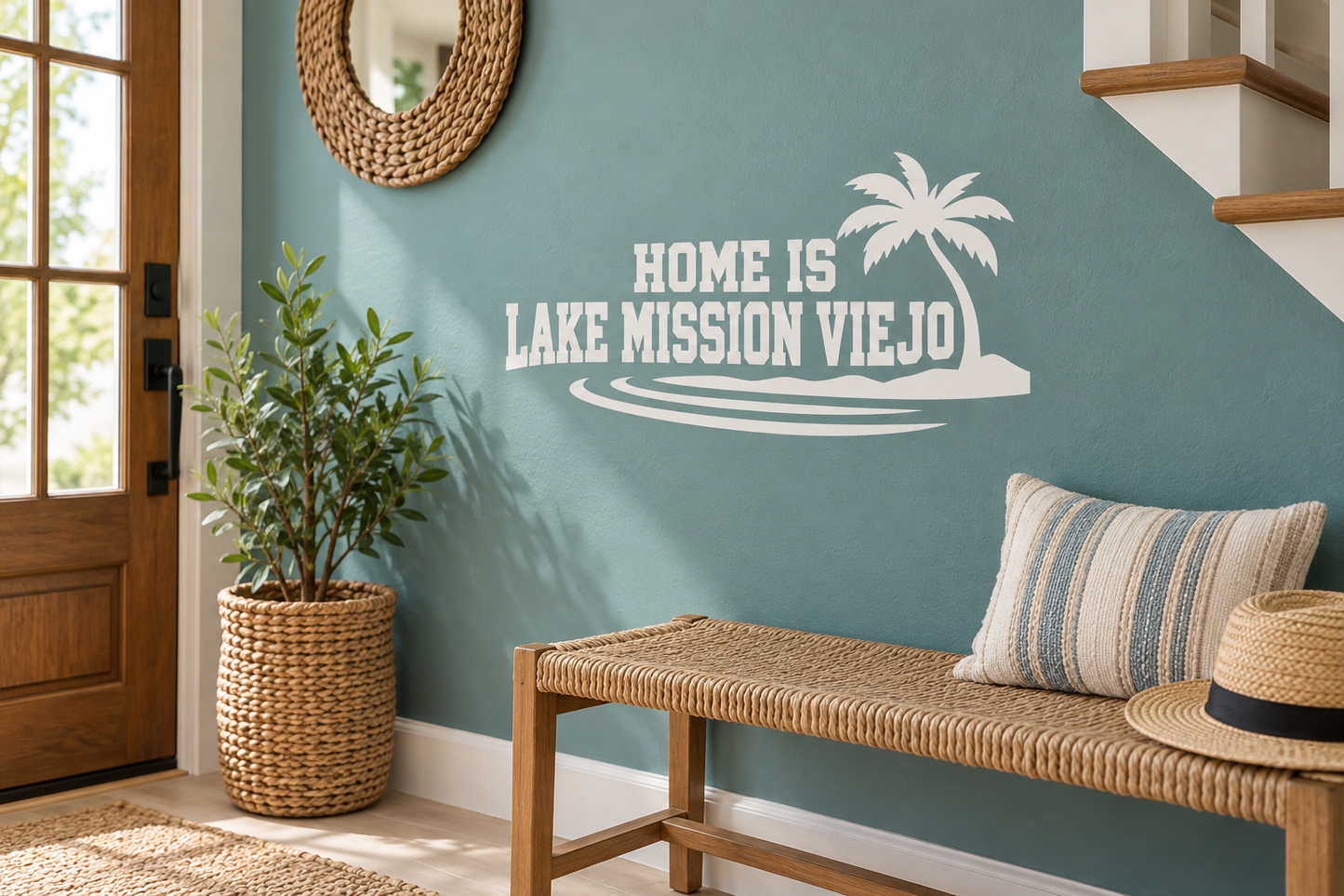 Vinyl wall decal reading 'HOME IS LAKE MISSION VIEJO' with palm tree and waves