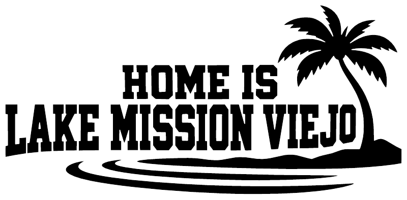 Black vinyl decal with 'HOME IS LAKE MISSION VIEJO' and palm tree over waves