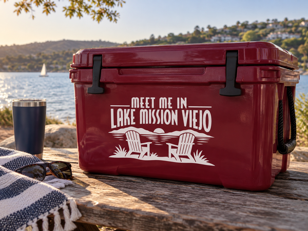 Vinyl decal with 'Meet Me In Lake Mission Viejo' lettering and chair-and-sunrise graphic