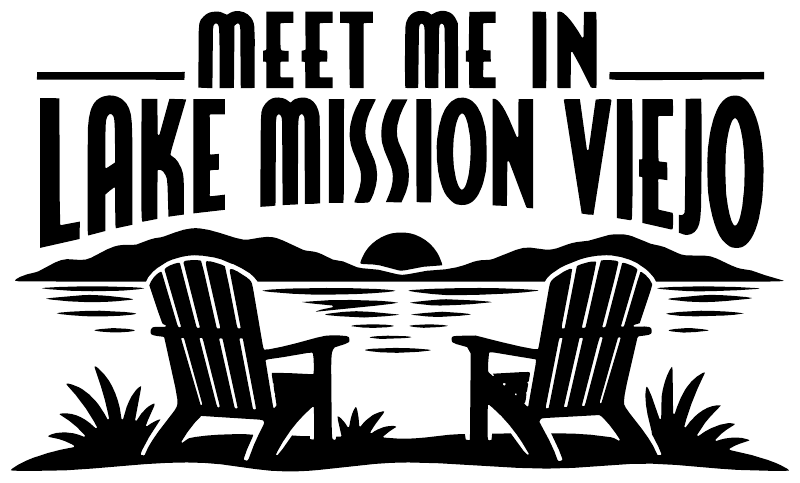 Black vinyl decal lettering 'Meet Me In Lake Mission Viejo' with chairs and horizon graphic
