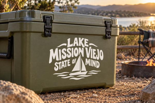 Vinyl decal with Lake Mission Viejo State of Mind logo on green cooler