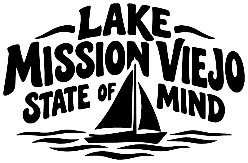 Black vinyl decal reading Lake Mission Viejo State of Mind with sailboat and waves