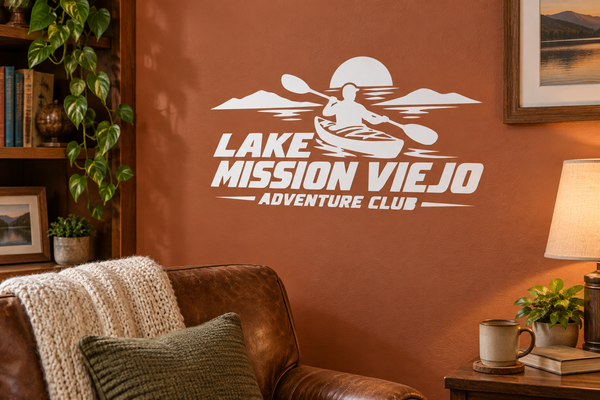 White vinyl decal logo of kayaker with Lake Mission Viejo Adventure Club text