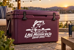 White fish and 'LAKE MISSION VIEJO GOOD DAYS' vinyl decal on maroon cooler