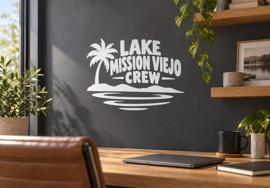 Vinyl decal with palm tree, LAKE MISSION VIEJO CREW text, and wave lines
