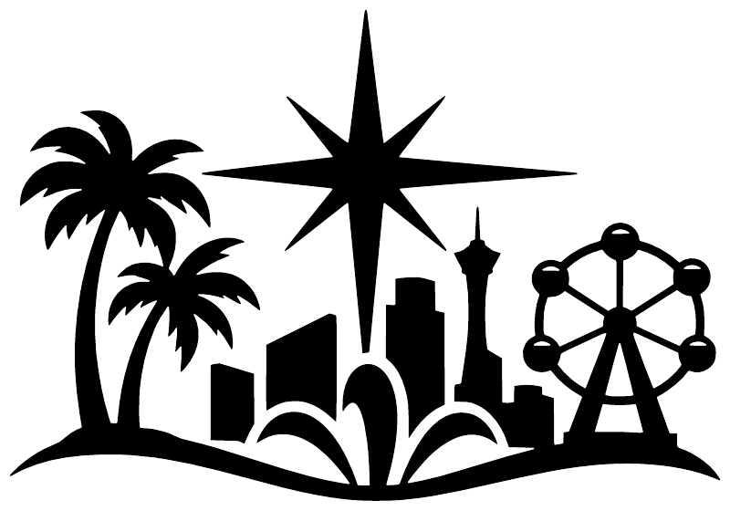 Black vinyl decal graphic: palm trees, city skyline, starburst, and atomic-style wheel