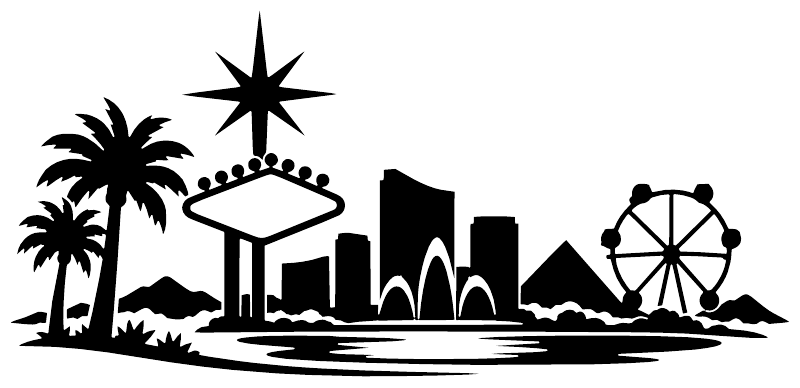 Black silhouette vinyl decal showing starburst, palm trees, skyline, and Ferris wheel