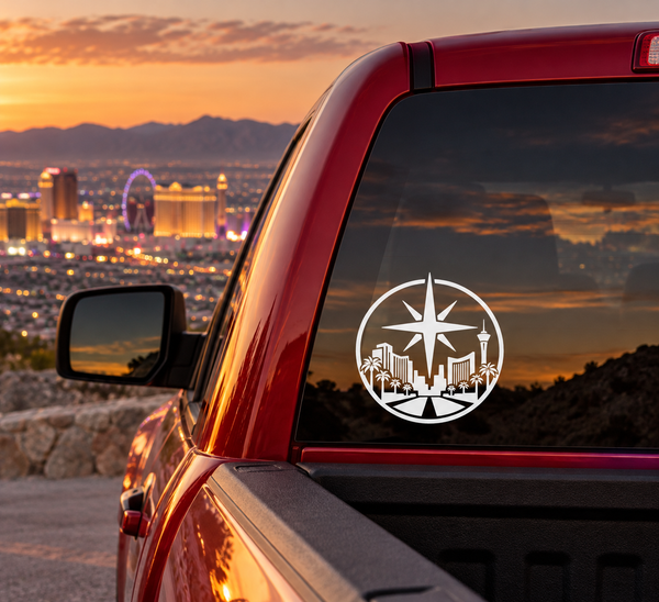 Vinyl decal crest sticker with white desert starburst skyline logo on car window