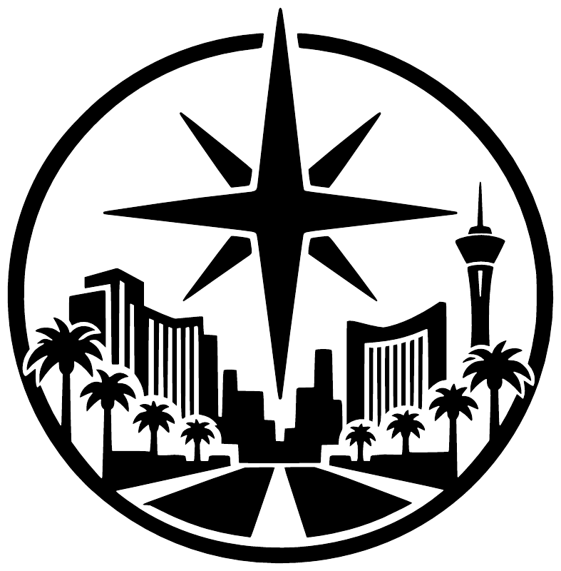 Vinyl decal crest logo: black desert skyline with starburst and palms in circle