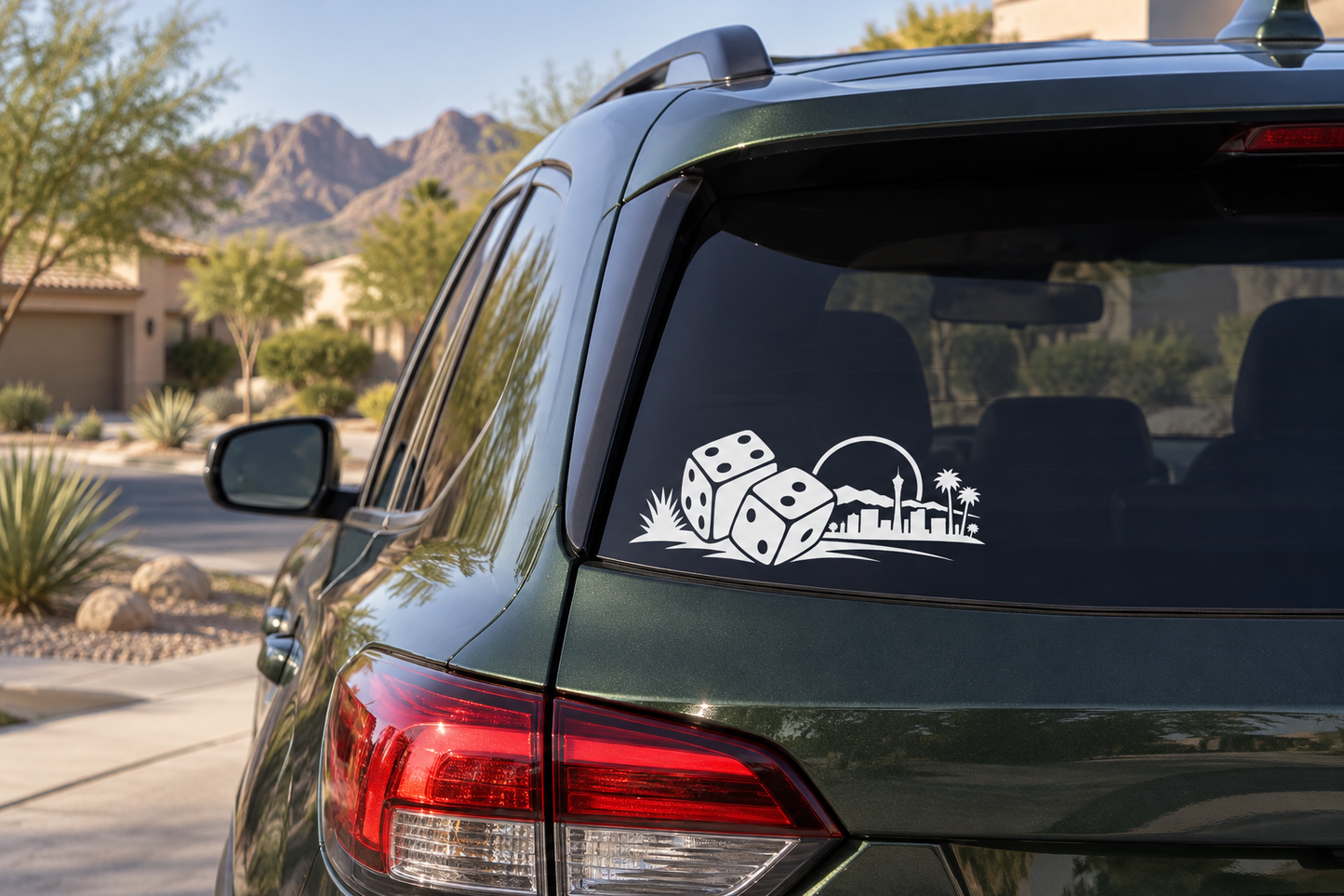 Lucky dice icon vinyl decal on car rear window, black skyline silhouette with palm trees
