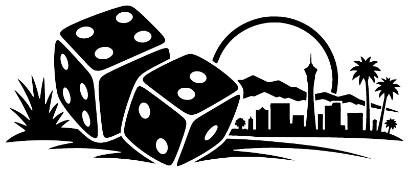 Lucky dice vinyl decal graphic with dice, city skyline and palm trees in black and white