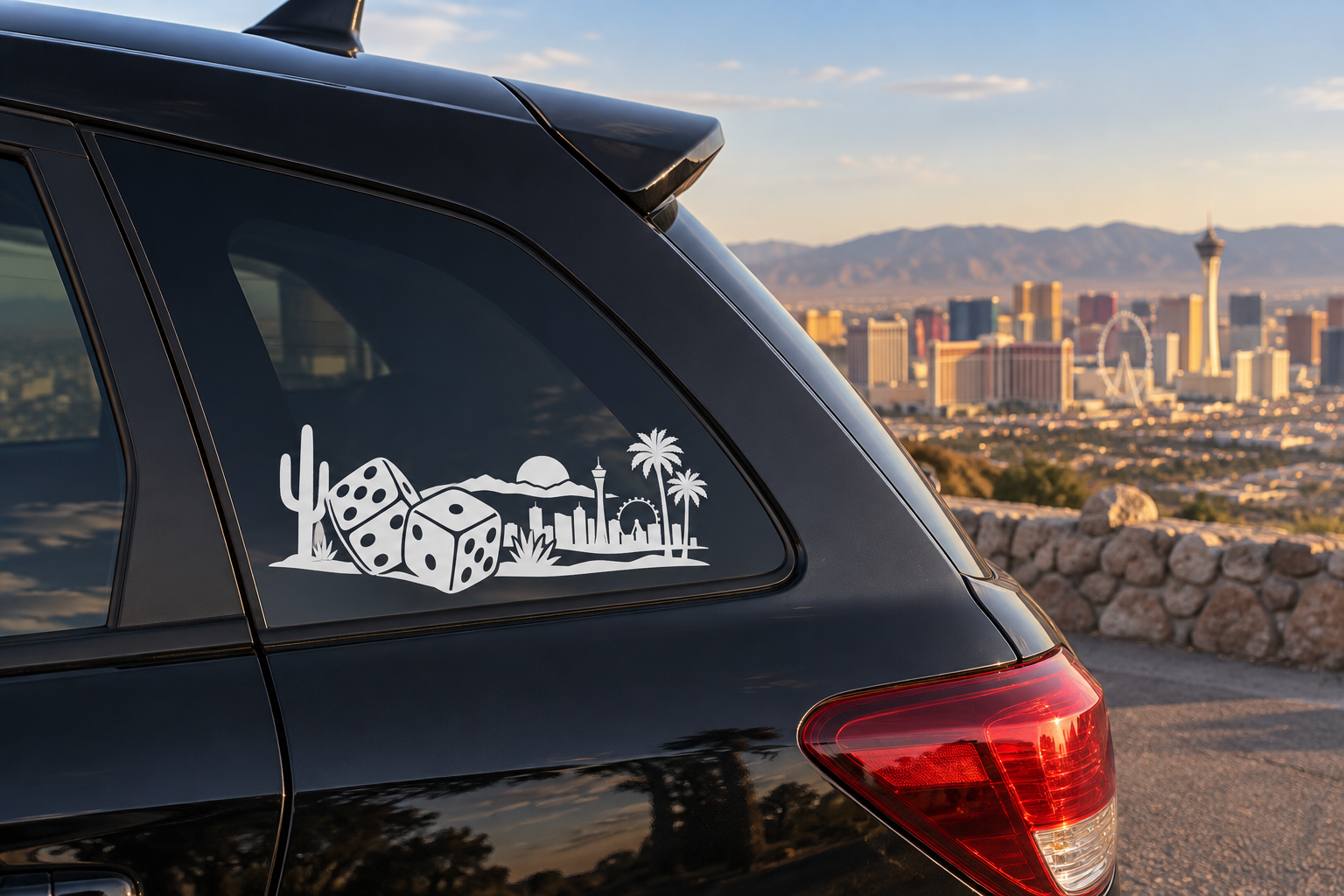 Lucky dice horizon vinyl decal on dark car door, city skyline and desert silhouettes