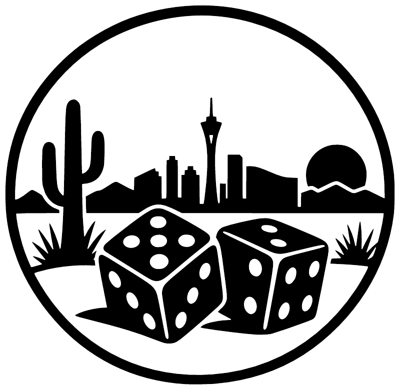 Lucky dice crest vinyl decal: black circle with city skyline and two dice